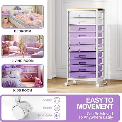 SYKIARIOL Rolling Cart with Drawers,10 Drawer Rolling Cart,Storage Cart with Wheels,Utility Cart with Drawers,Teacher Cart for Classroom Storage,Craft Cart with Wheels and Wooden Tabletop,Purple