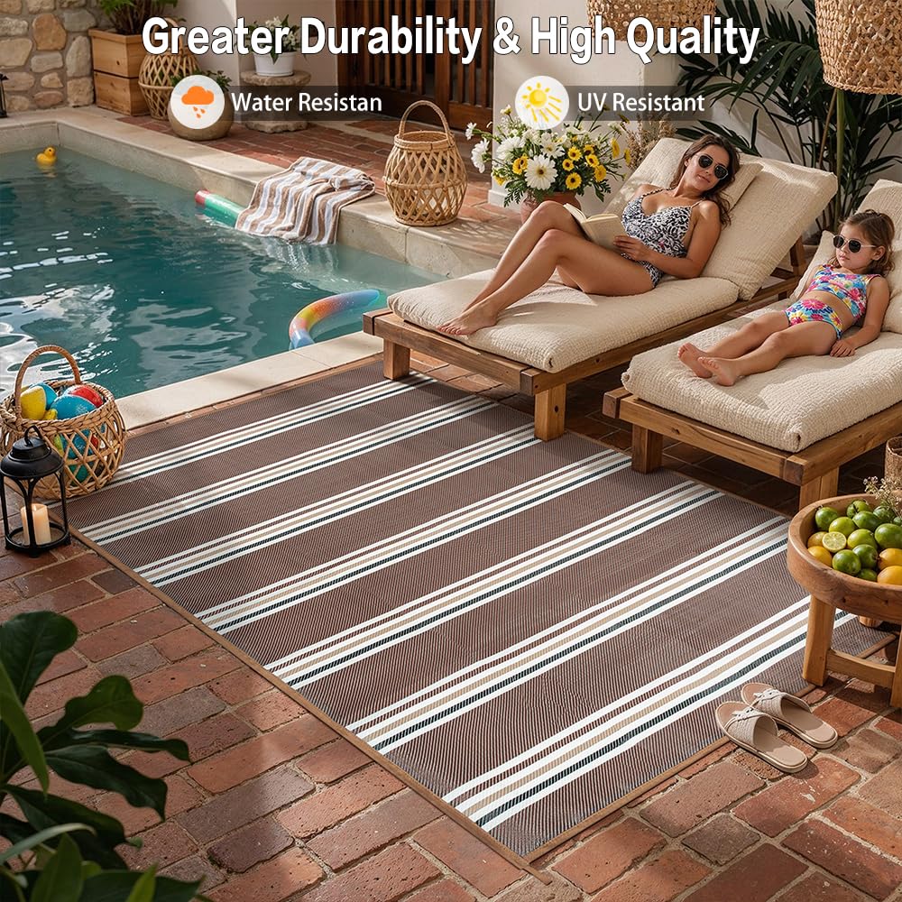PureCozy Outdoor Waterproof 6x9 Rug for Patio Reversible Plastic Straw Brown Striped Camping Mat Outside Lightweight Large Floor Mat for RV Deck Beach Balcony Picnic Backyard Entry Porch