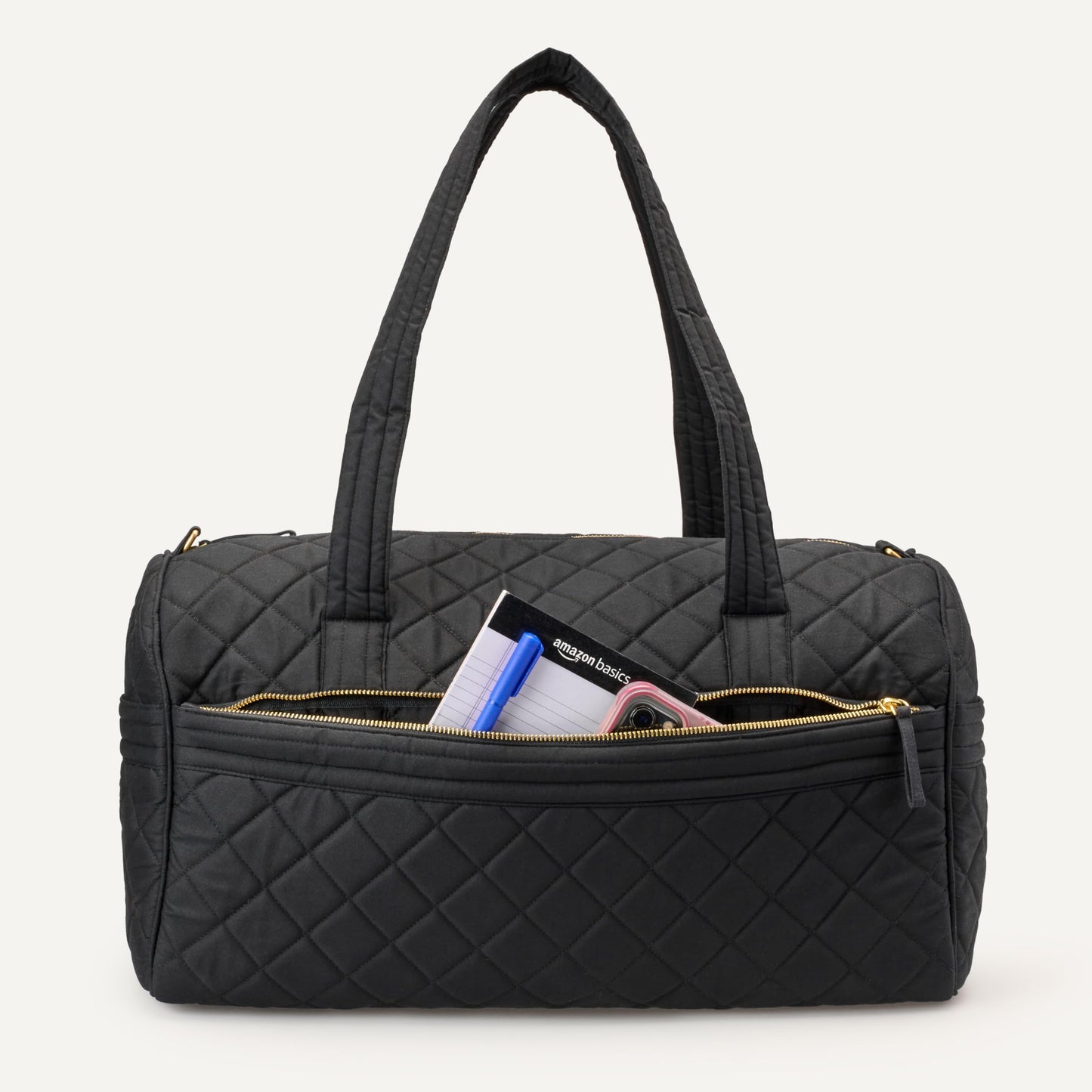 Amazon Essentials Women's Quilted Weekender Duffel Gym Bag with Trolley Sleeve, Black, One Size