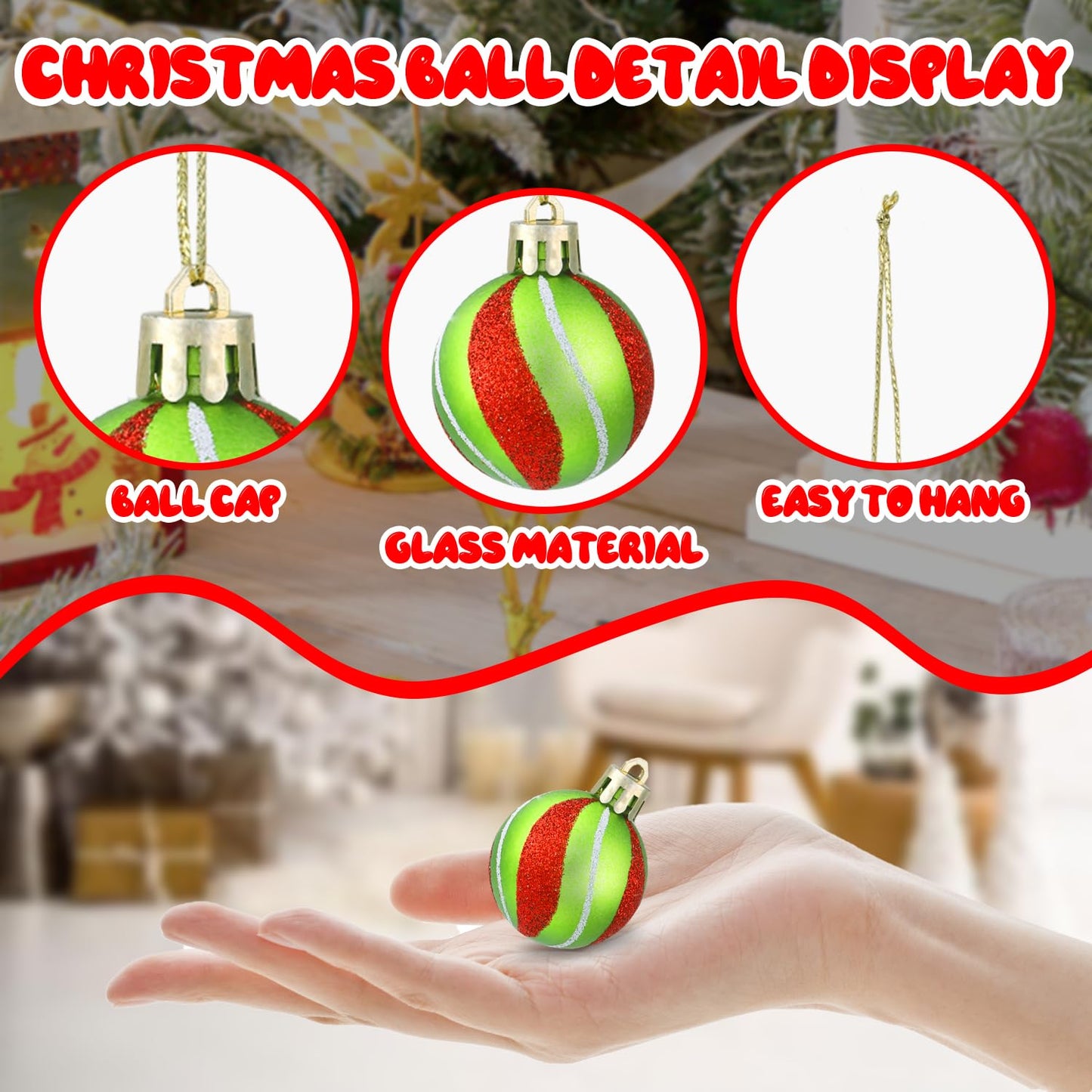 Celltestria 36pcs Mini Christmas Balls Ornament 1.57 Inch Red Green Glittering Little Xmas Balls for Tree Decoration Swirl Candy Cane Tiny Christmas Baubles for Home Indoor Holiday Party Decor