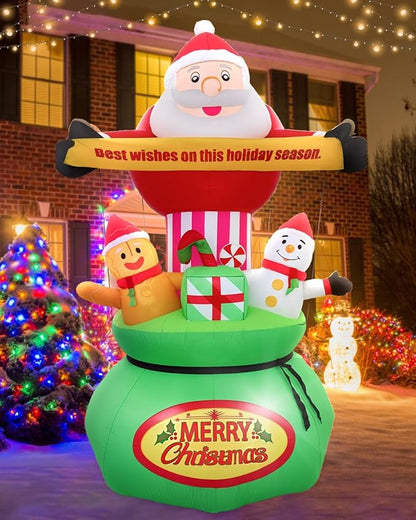 9FT Christmas Inflatables Outdoor Decorations,Blow Up Yard Decorations Santa Claus Snowman Gingerbread Man and Gift Bag,Built-in LED Lights for Garden Lawn Xmas Decor