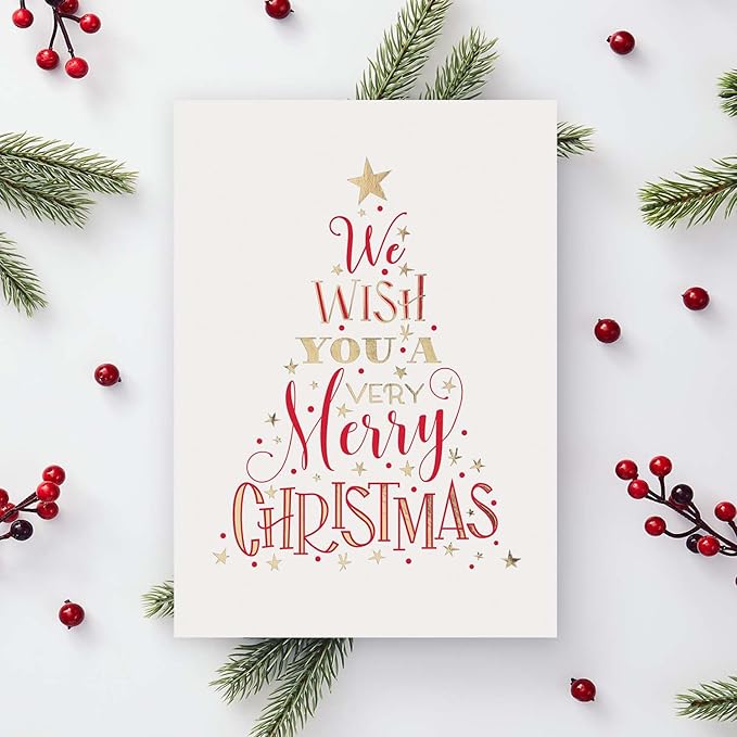 Masterpiece We Wish You A Very Merry Christmas Cards / 16 Boxed Winter Holiday Card Set With Gold Foil Accents And Coordinating Gold Foil Lined White Envelopes / 5 5/8" x 7 7/8" Folded Stars Evergreen Tree Greeting Cards With Inside Verse