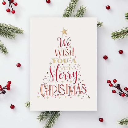 Masterpiece We Wish You A Very Merry Christmas Cards / 16 Boxed Winter Holiday Card Set With Gold Foil Accents And Coordinating Gold Foil Lined White Envelopes / 5 5/8" x 7 7/8" Folded Stars Evergreen Tree Greeting Cards With Inside Verse