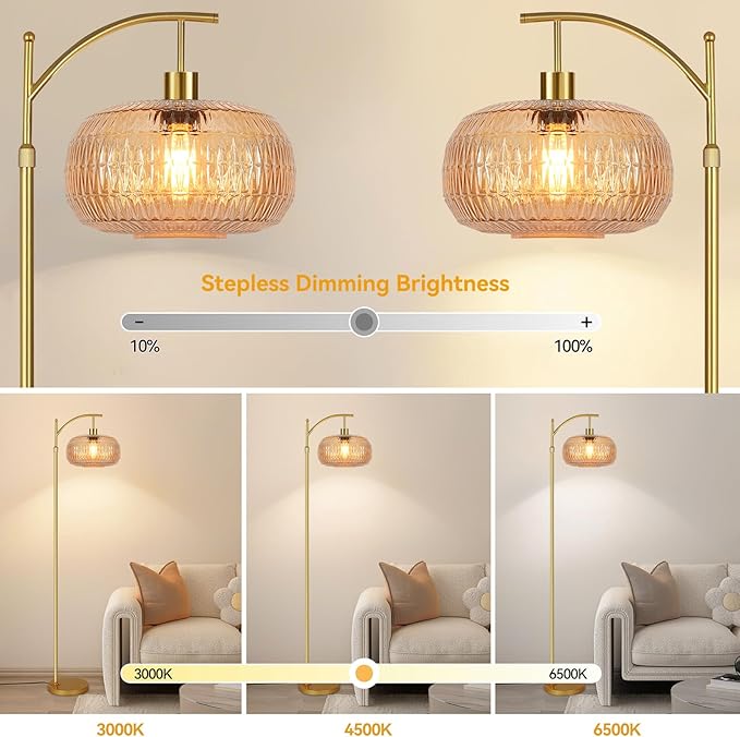 Glass Floor Lamp for Living Room,Bedroom,Gold Mid Century Modern Standing Lamp with Remote,Dimmable Brass Tall Lamp Amber Lamp Vintage Retro Arc Floor Lamps Floor Light Boho Bohemian