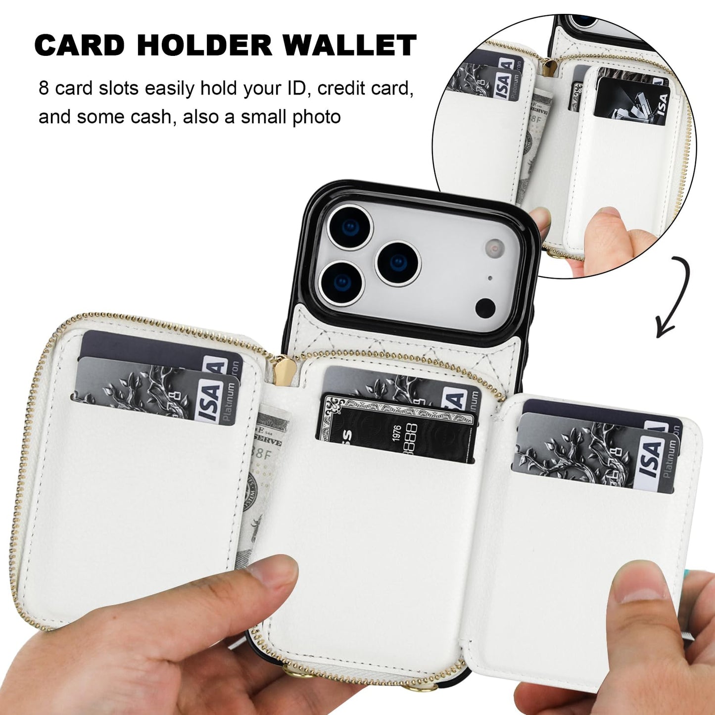 Bocasal Crossbody Wallet Case for iPhone 17 Pro Max, RFID Blocking PU Leather Zipper Handbag Purse Flip Cover, Kickstand Folio Case with Card Slots Holder Wrist Strap Lanyard 5G 6.9 Inch (White)