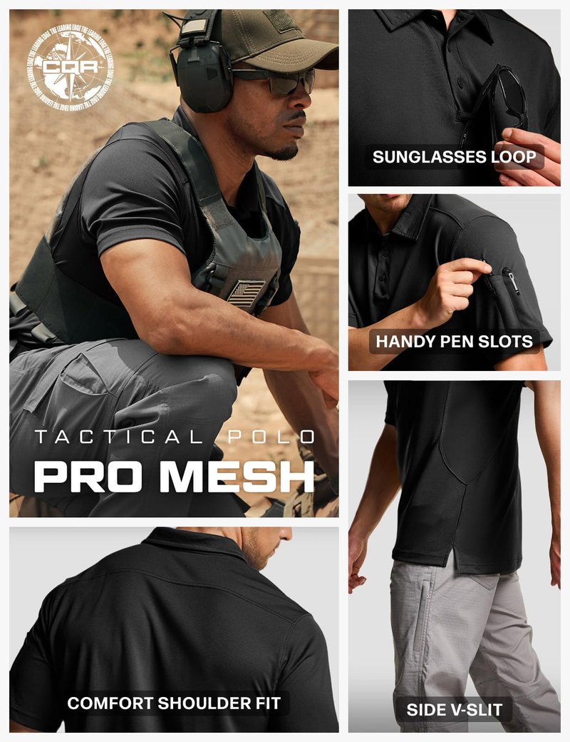 CQR Men's Quick Dry Tactical Polo Shirt, Lightweight Breathable Performance Polo, Short Sleeve UPF 50+ Outdoor Golf Shirt, Frost Essential Black, Large