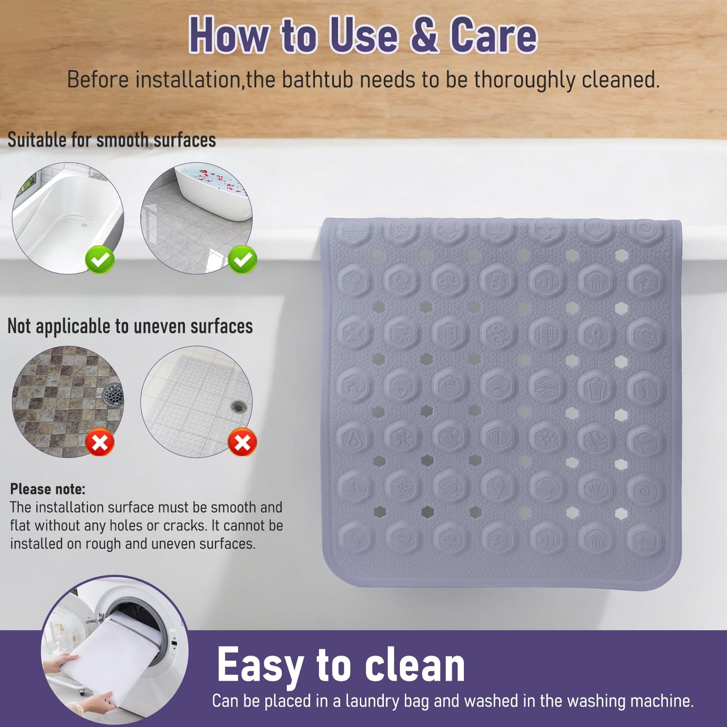 EaTubano Silicone Non-Slip Bath Mat for Tub & Shower, 35x16 Inch - Acupressure Grip, Quick-Dry with Suction Cups & Drain Holes, Safe for Kids & Elderly, Machine Washable (Purple)