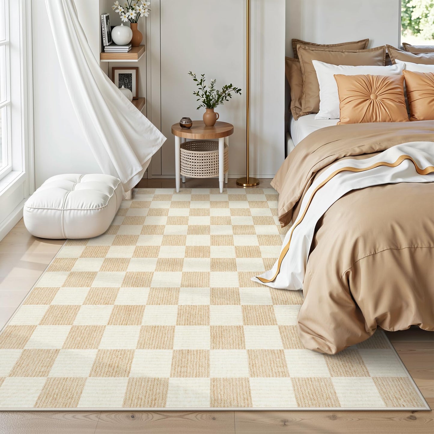 Machine Washable 5x7 Area Rugs for Living Room Checkered, Non Slip Soft Low Pile Farmhouse Geometric Modern Neutral Playroom Boys Rugs for Bedroom, Large Carpet Rugs for Dining Room(Ivory,5'x7')