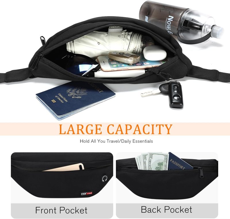 MAXTOP Large Black Fanny Pack - Versatile Crossbody Waist Bag for Hiking, Cycling & Travel | Adjustable Strap