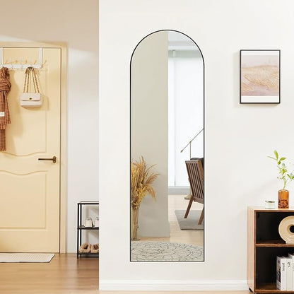 OLIXIS Black Arched Full Length Mirror 60"x16" for Bedroom, Full Body Mirror with Stand, Hanging or Leaning for Wall, Aluminum Alloy Thin Frame Floor Standing for Living Room