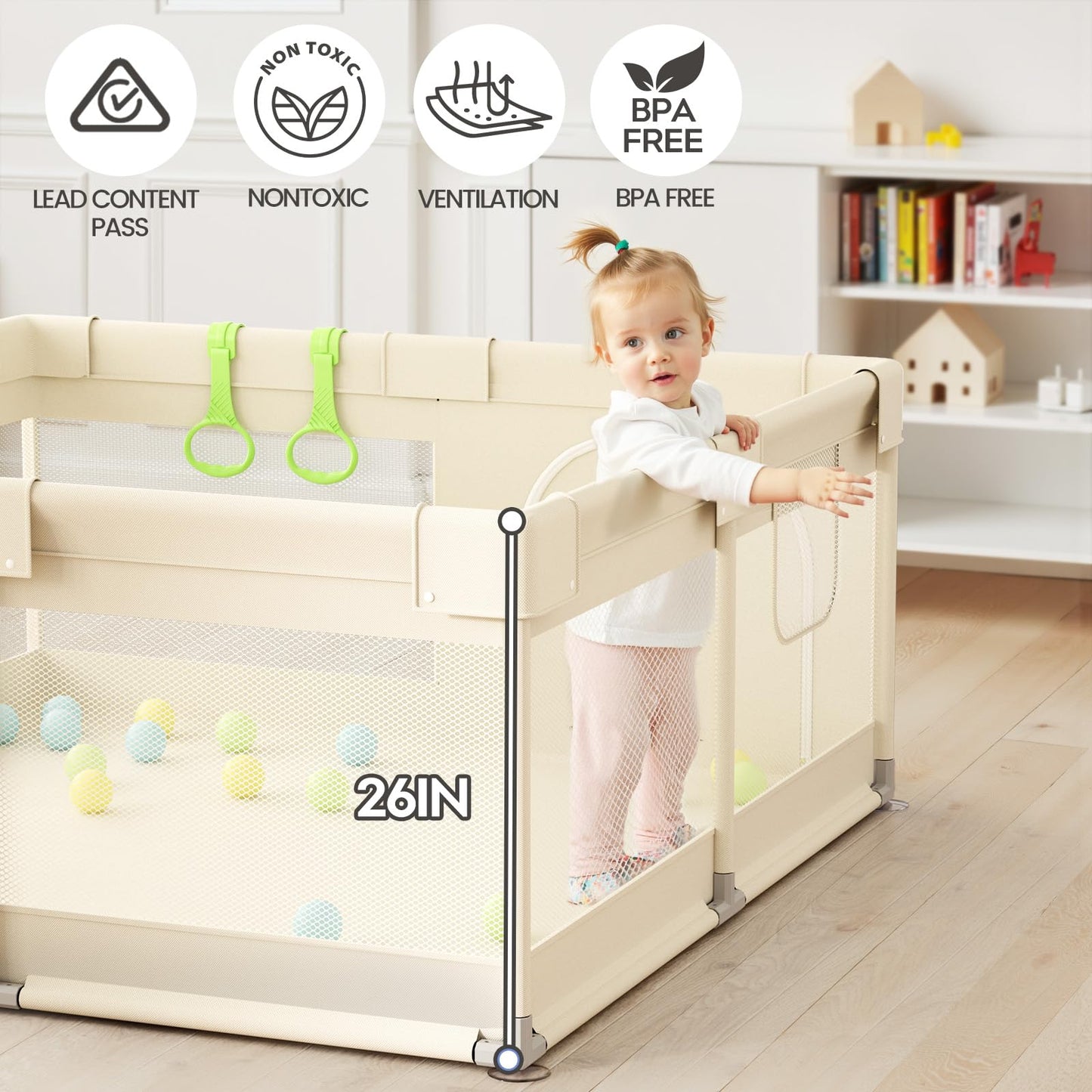 Uanlauo Beige Small Baby Playpen - 47x47in Playpen for Babies and Toddlers, Safe Indoor Play Pen, Baby Pen with Storage Bag and Breathable Mesh