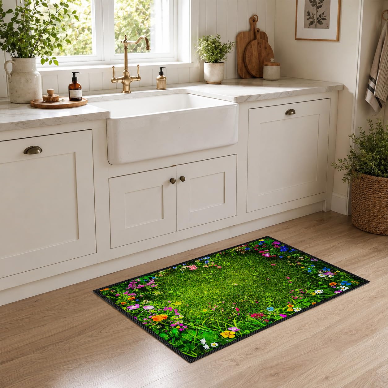 Green Grass Wildflower Door Mat for Indoor Entryway, 23.62 x 15.75 in Durable Faux Cashmere Polyester Rug, Non Slip Welcome Mat for Front Door Bathroom Kitchen
