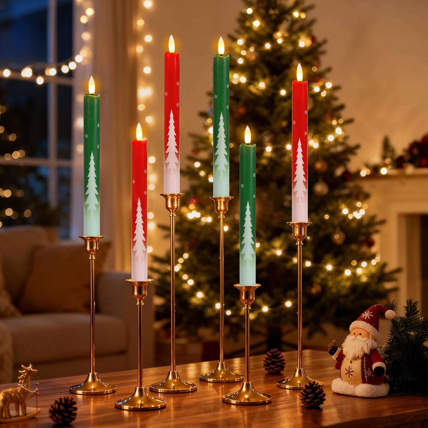 Wondise Christmas Flameless Taper Candles with Remote Timer, Real Wax Battery Operated Candles 3D Wick with Christmas Tree Decals for Christmas Thanksgiving Home Decoration(4Pack