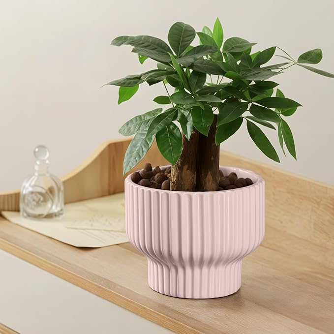 OXART Ceramic Pots for Plants, 7.7 Inch Round Plant Pot with Drainage Hole, Modern Outdoor Flower Pots Home Garden Decorative Planters for House Plants Indoor Planters (Pink)