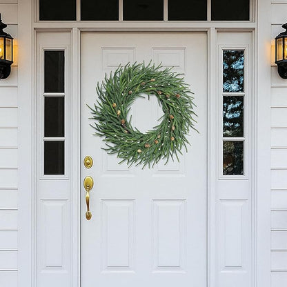 24 Inch Pine Wreath Christmas Wreaths for Front Door, Real Touch Pine Wreath with White Berries Artificial Green Wreaths for Walls Windows Porches Farmhouse Indoor Outdoor Home Decor