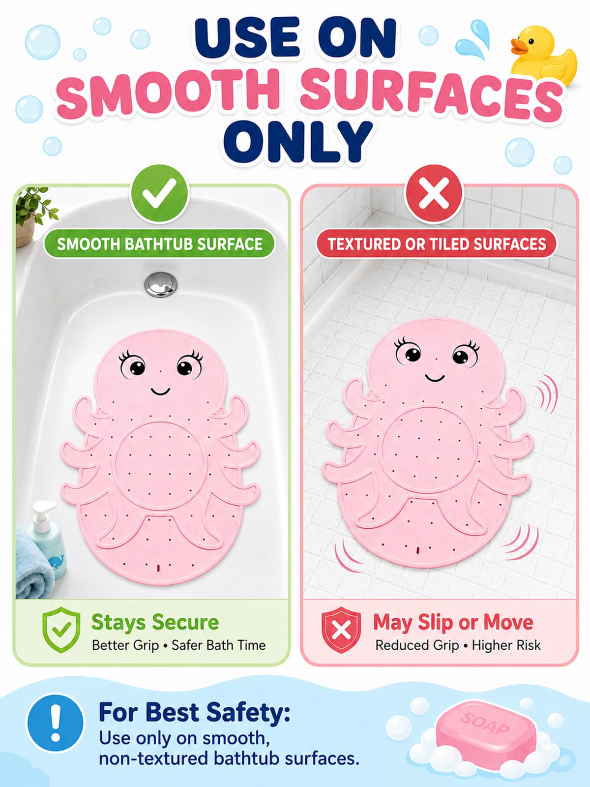 Zuplo Kids Bathtub Mat Non Slip, Soft Silicone Octopus Baby Bath Mat for Tub, Toddler Bath Mat with Large Suction Cups, Washable Anti Slip Shower Mat for Children, Smooth Tub Surface Only