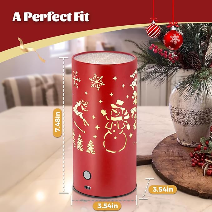 Christmas Table Lamp with Hollow-Out Design - Rechargeable Touch Control Dual Color LED, Warm/Cool White Metal Decor for Home Desk Party, 1200mAh Battery - 2pack(Red)