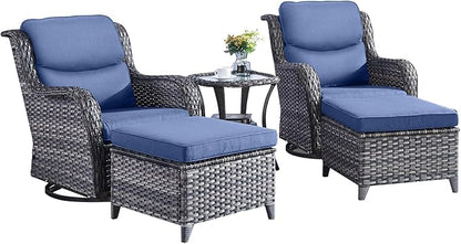 Rilyson Wicker Patio Furniture Set - 5 Piece Rattan Outdoor Sectional Conversation Sets with 2 Swivel Rocking Chairs,2 Ottomans and 1 Side Table for Porch Deck Garden(Mixed Grey/Blue/Smile)
