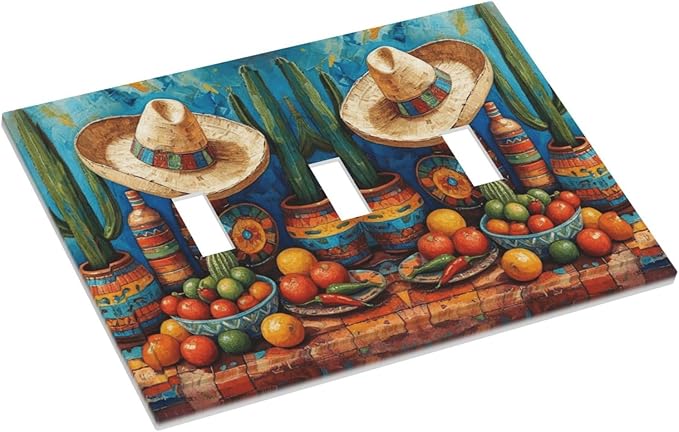Decorative Art Light Switch Covers Mexican Sombrero & Serape Vibes 3 Gang Triple Toggle Wall Plate Decorative Switch plate Electrical Faceplate for Home Decor