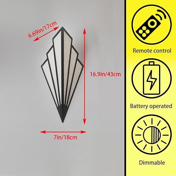Modern Style Wall Light Set of Two,Battery Operated Wall sconces with Remote Control,Wireless Art Deco Lighting Fixture for Living Room,6 RGB Colors dimmable(with Bulbs+Remote Control+Charging Cable)
