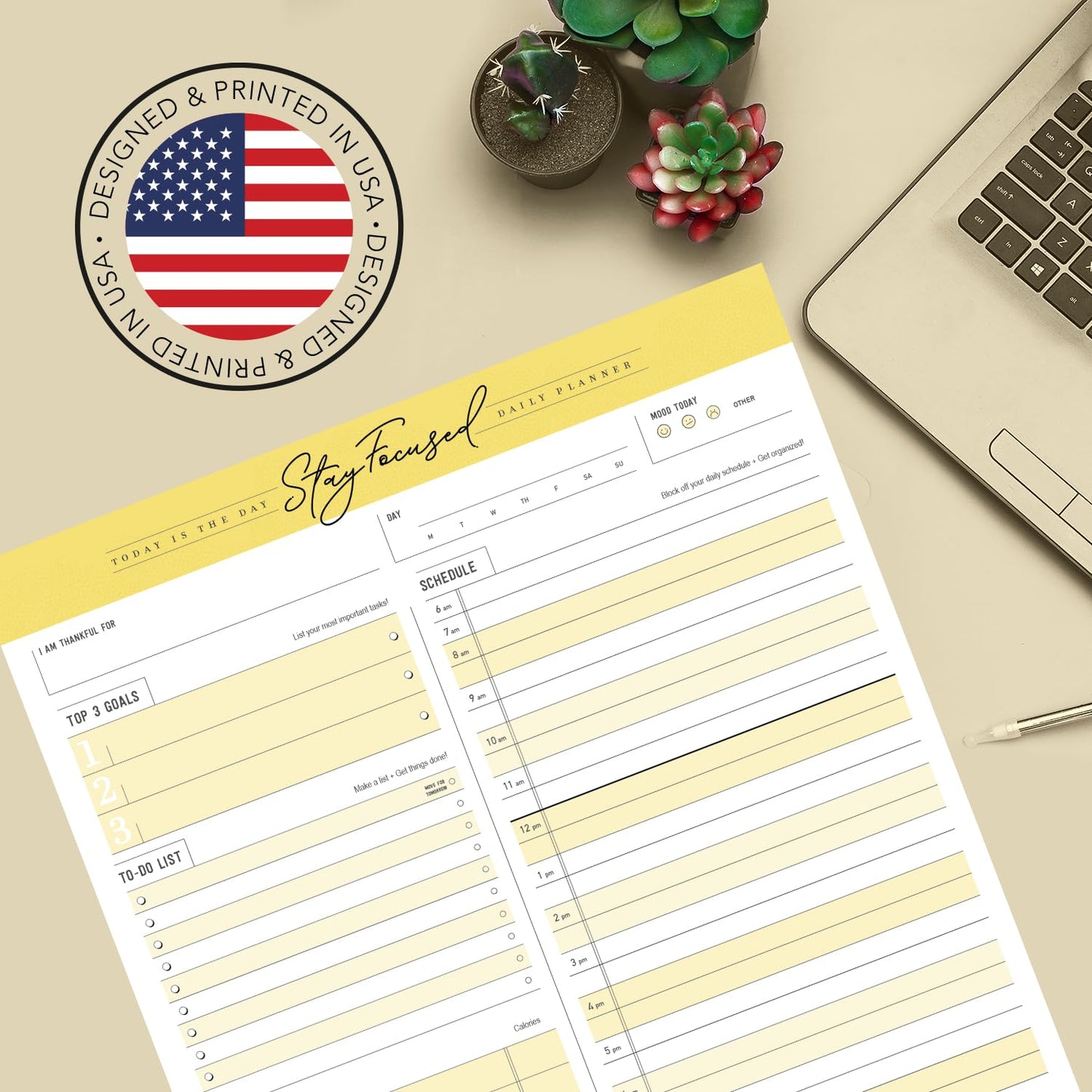 Daily Notepad Planner To Do Schedule - Stay Focused 50 Tear off Premium Made USA (Yellow Mango)