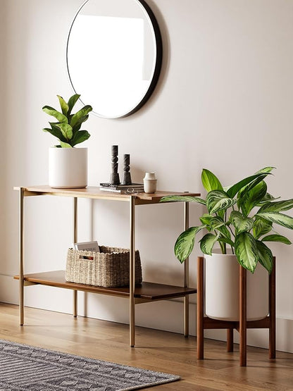LE TAUCI 10 Inch Planter with Acacia Wood Stand, Ceramic Planter for Indoor Plants with Plant Holder, Mid-Century Modern Home Decor, Round Flower Pots with Drainage Hole, White