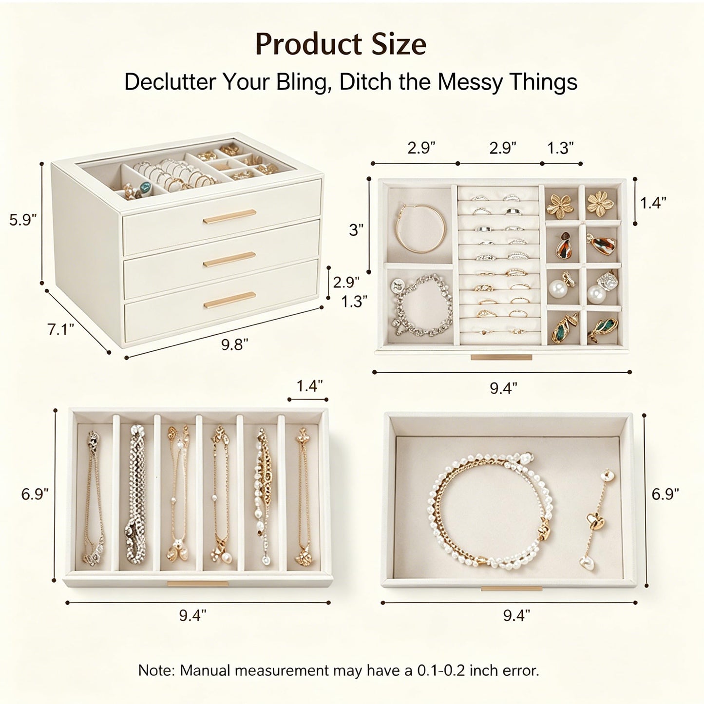 GUOER Jewelry Box for Women, Glass Lid Jewelry Organizer with 3 Drawers PU Jewelry Storage Case for Necklaces Rings Earrings Bracelets, Mother's Day, White