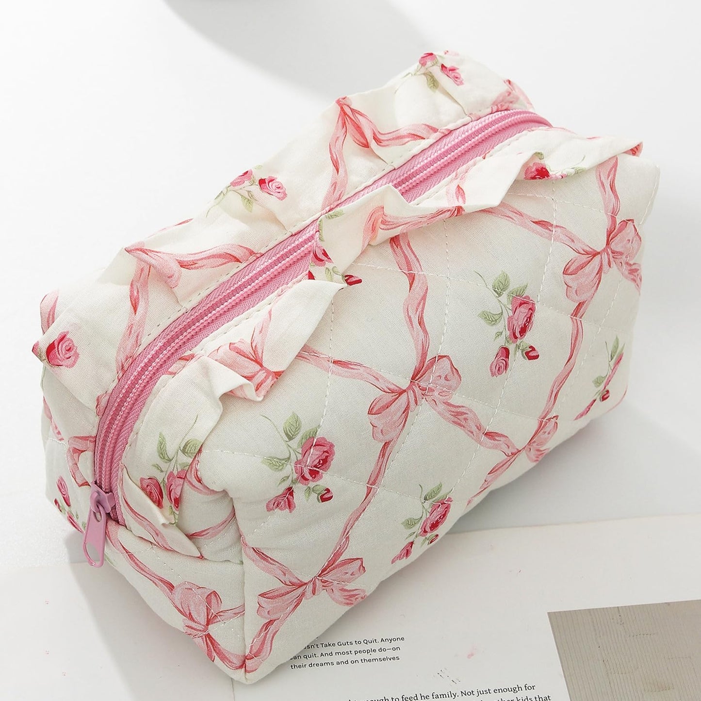 Cute Makeup Bag Travel Cosmetic Bag for Women,Small Floral Organizer Toiletry Bag Make Up Bags,Coquette Aesthetic Bowknot Toiletry Bag,Soft Cotton Cloth Travel Toiletry Bag (04 Pink Bow Flower)