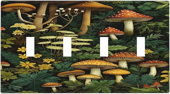 Mushrooms Forest Nature Botanical Art Light Switch Covers Quad Toggle 4 Gang Wall Plate Decorative Switchplate Electrical Faceplate for Farmhouse Living Decor