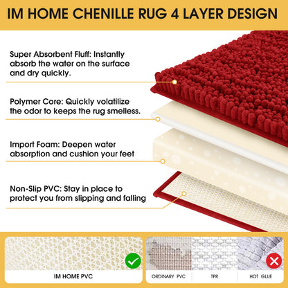 ACCUMTEK Upgrade Extra Large Red Bathroom Rug Set 3 Pieces Ultra Soft, Thick Absorbent Bath Mats, Non Slip Chenille Toilet Mat for Bathroom, Bedroom, Kitchen