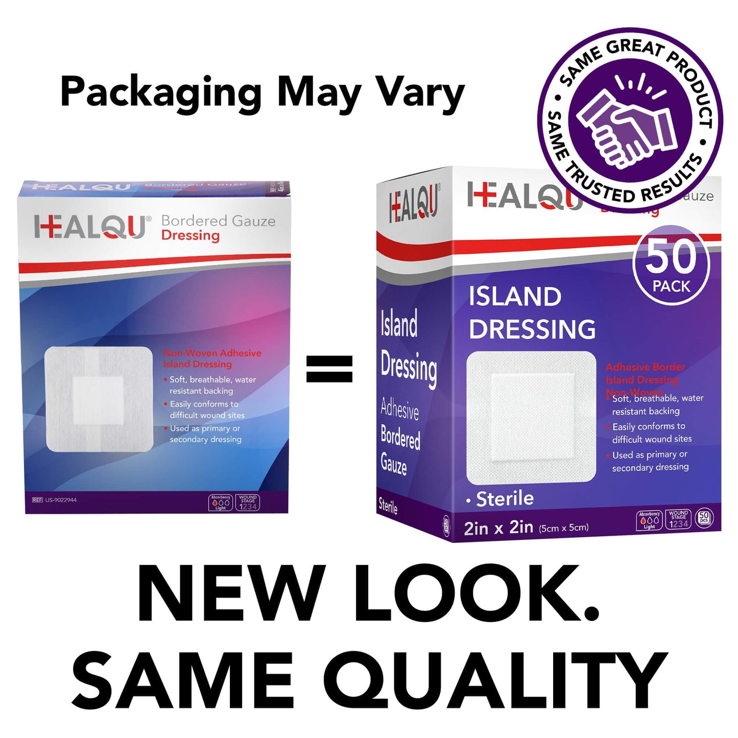 HEALQU Bordered Gauze Island Dressing - 50 Count, 2" x 2" Sterile Individually Wrapped Gauze Pads with Water-Resistant, Non-Woven Backing - Soft and Breathable Wound Dressing for First Aid and Medical
