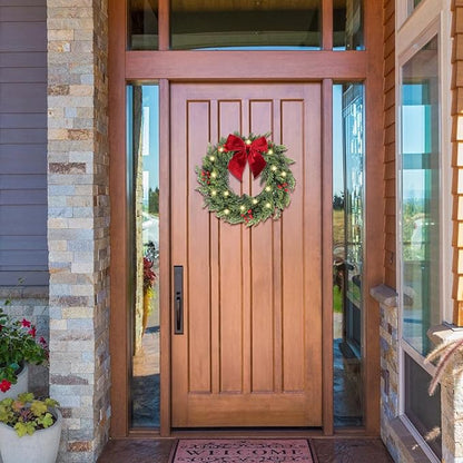 26 Inch Christmas Wreaths for Front Door with Lights,Lighted Cedar Door Wreath,Prelit Real Touch Artificial Green Winter Wreath with Large Burgundy Velvet Bow for Indoor Outdoor Decor