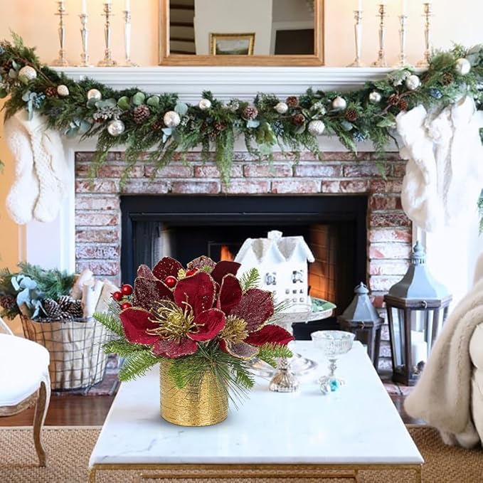 13 inch Christmas Table Centerpiece 5" Glitter Magnolia Flower and Berries Fir Greenery Artificial Christmas Floral Centerpiece in Silver Ceramic Pot Tabletop Xmas Table Arrangement Decor