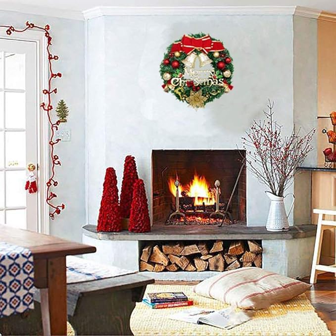 H&W Small Christmas Wreath (11.8 Inch / 30 cm) for Front Door Wall Windows Artificial Poinsettia Xmas Decoration with Tinkle Bell Bowknot and Small Ornaments (MC7-D1)