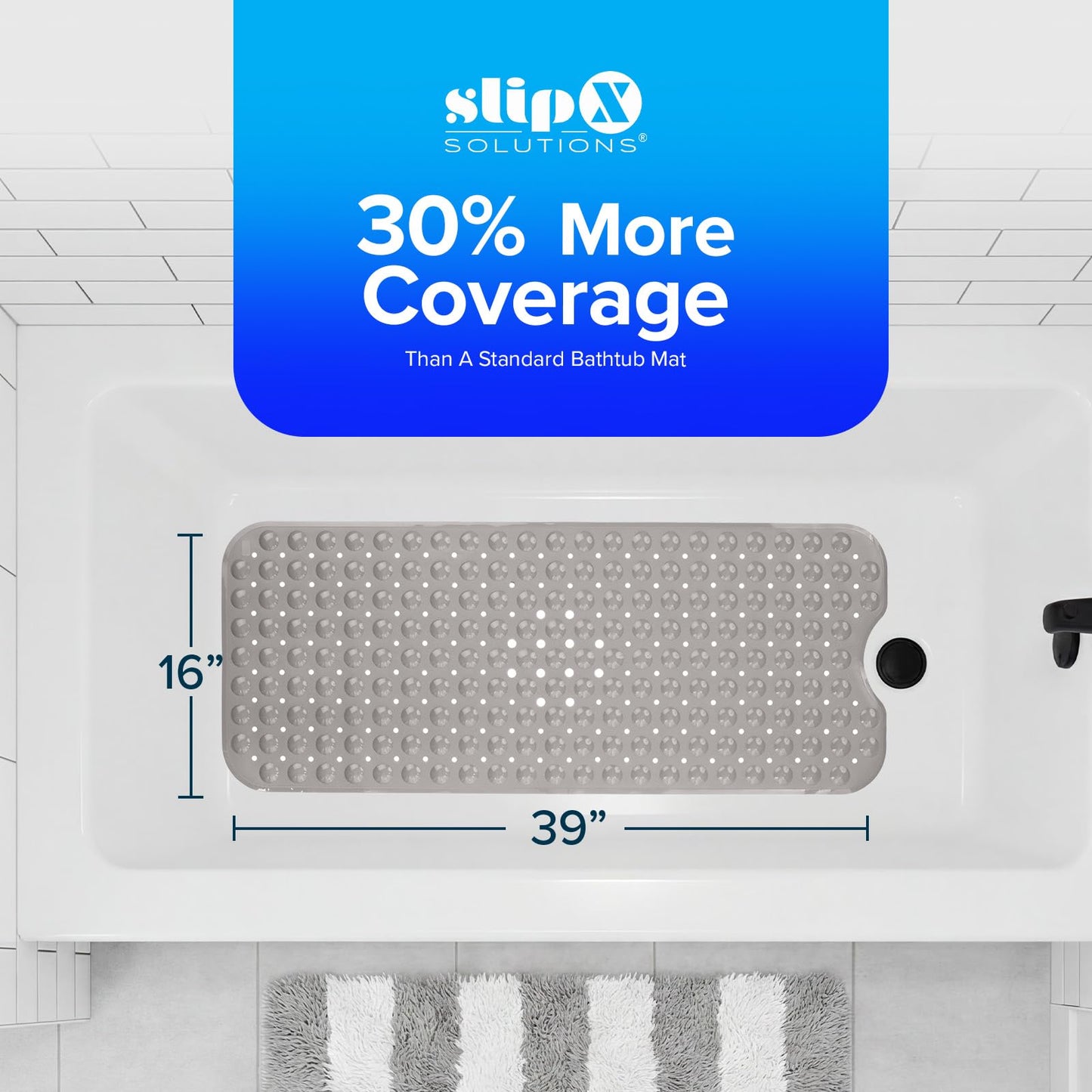 SlipX Solutions Power Grip Extra Long Bath Tub & Shower Mat 39x16, Wet Floor Non-Slip for Elderly & Kids Bathroom, 30% Longer Bathtub Mats, 200 Suction Cups, Drain Holes, Machine Wash, Tan
