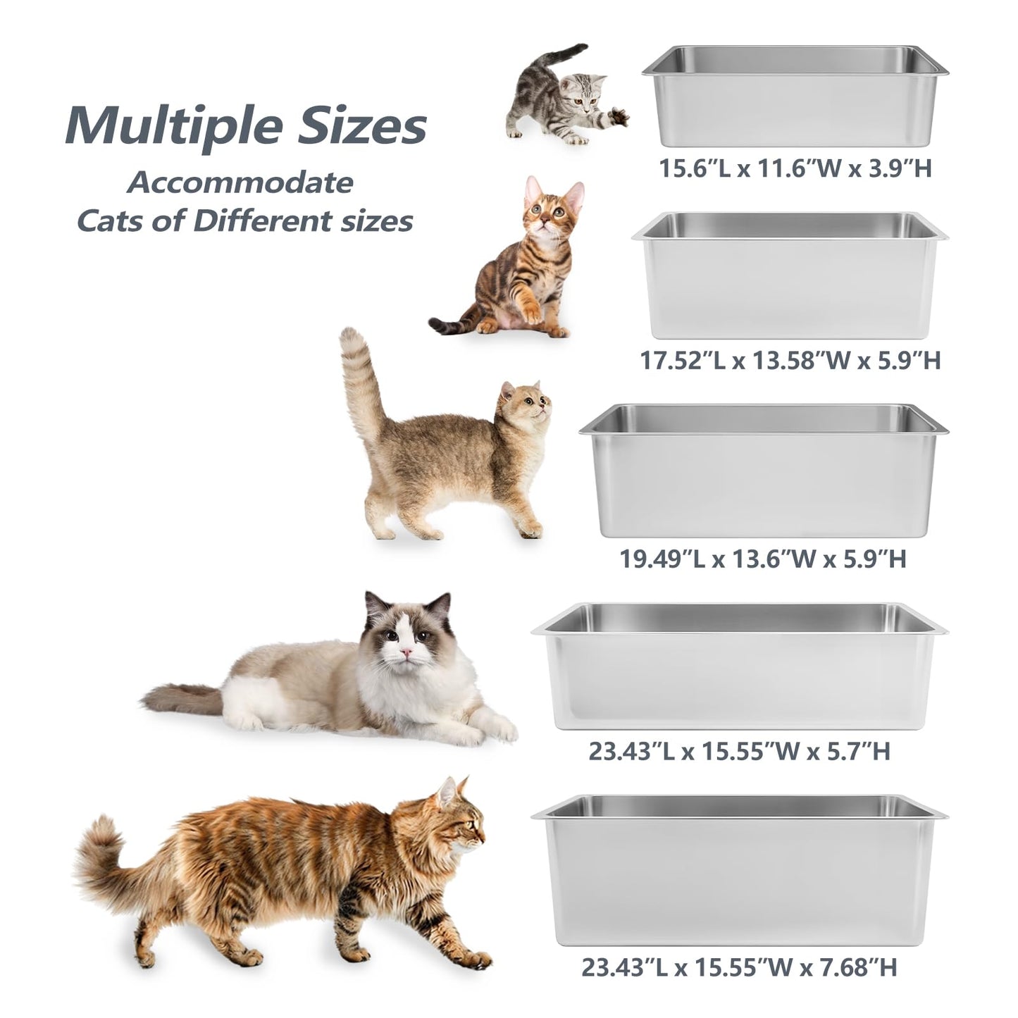 Kirecoo Stainless Steel Cat Litter Box - Metal High Sided Cat Pan, Large Stainless Steel Box, Indoor Litter Tray, Non Stick, No Smell, Easy to Clean, Pet Toilet Supplies for Kitten, Kitty, Rabbit