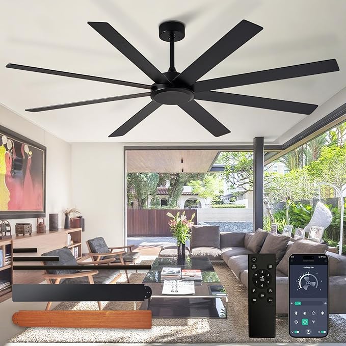 Depuley Black Ceiling Fan without Light: 72 Inch Indoor/Outdoor Fan Reversible DC Motor 6 Speed - Dual 8 Blades Large Ceiling Fans with No Light for Living Room Covered Patio