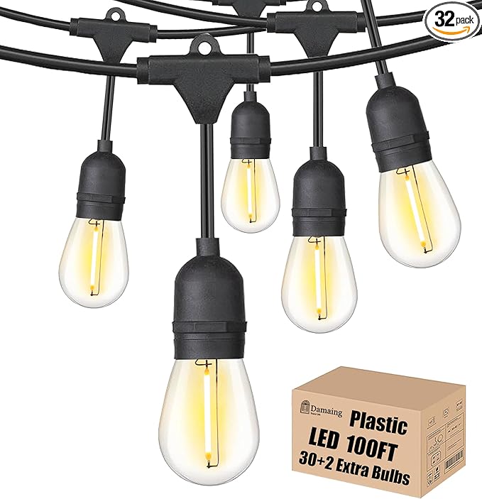 Outdoor String Lights LED 100FT Patio Lights with 32 Shatterproof S14 Dimmable Plastic Vintage Edison Bulbs and Commercial Grade Waterproof Strand Lights String for Porch Market Cafe String Lights