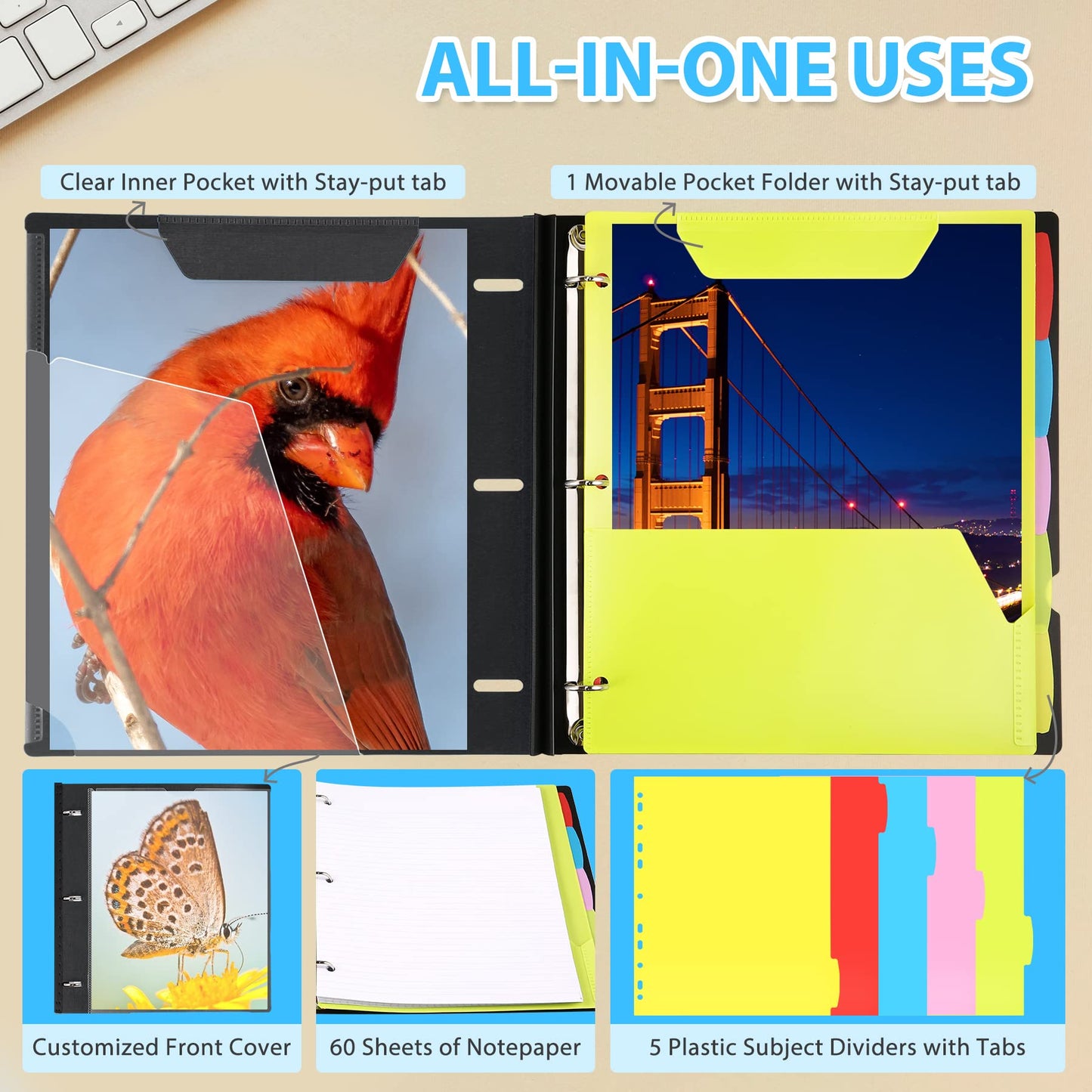 WOT I 2-Pack Telescoping 3 Ring Binder Notebooks - Customizable Cover, 5 Dividers & Pocket Folder in One Slim Organizer (60 Sheets Included), Black