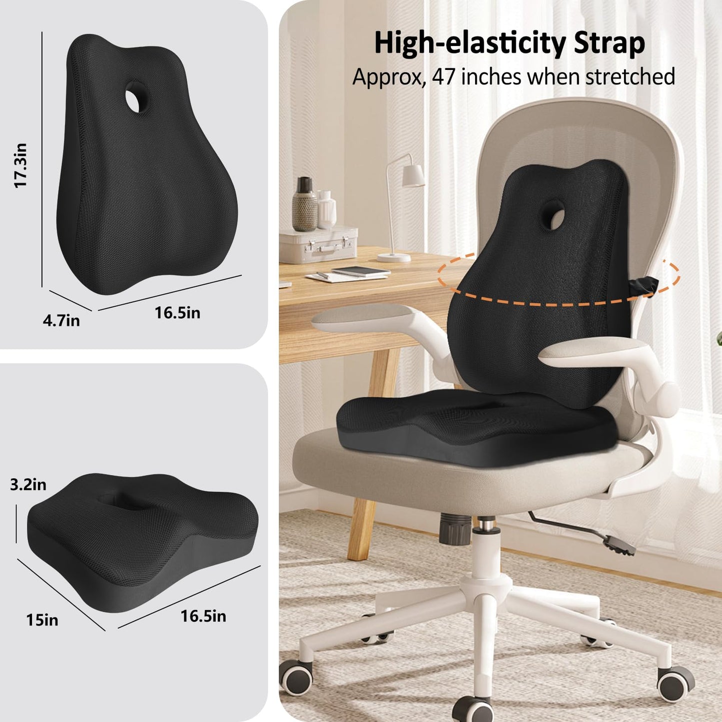 Seat Cushion,Lumbar Support Pillow for Office Chair,Memory Foam Coccyx Seat Cushion,Ergonomic Mesh Back Support Pillow,Office Desk Chair Cushion for Sciatica,Back&Tailbone Pain Relief,Black
