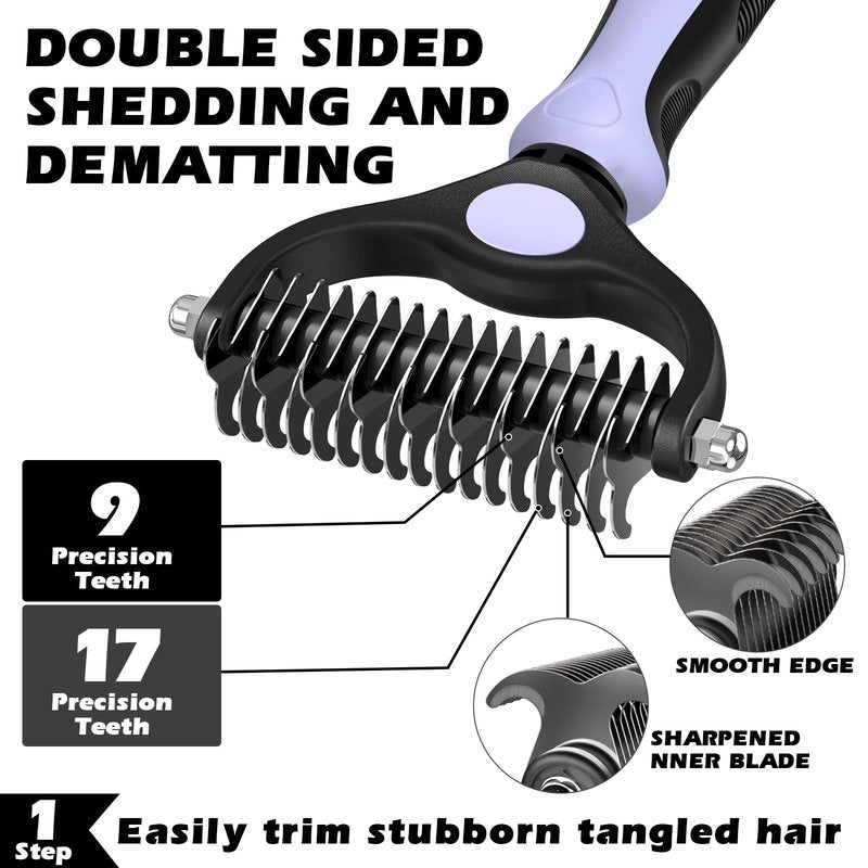 3PCS Self Cleaning Slicker Brush & Pet Grooming Rake & Flea Comb for Dogs,Cats and Horses | Double-Sided Dematting Comb & Skin Friendly Deshedding Grooming Tool | Pet Supplies(Light Purple)