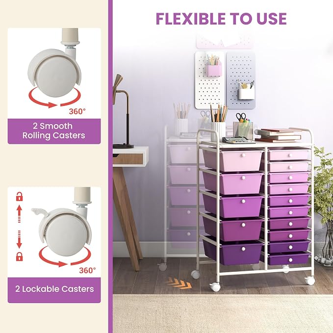 GOFLAME 15-Drawer Rolling Storage Cart, Craft Storage Cart with Removable Drawers & Lockable Wheels, Art Cart Supply Storage Organizer for Home Office Classroom, Purple Gradient