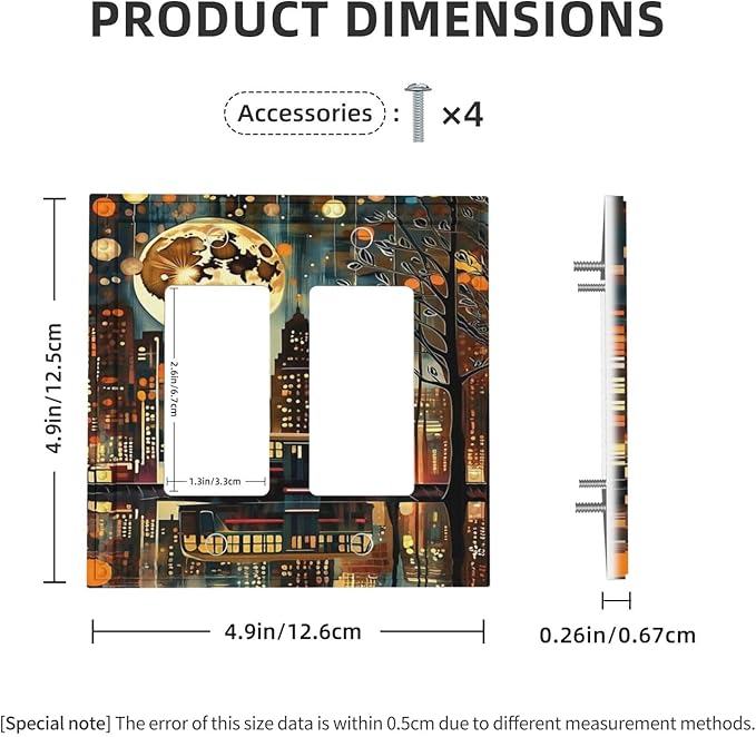City Light Moon Bus Abstract Art Dual Outlet Covers Wall Plate 2 Gang Rocker Decora Decorative Switchplate Electrical Faceplate GFCI Light Switch Covers for Farmhouse Living Decor
