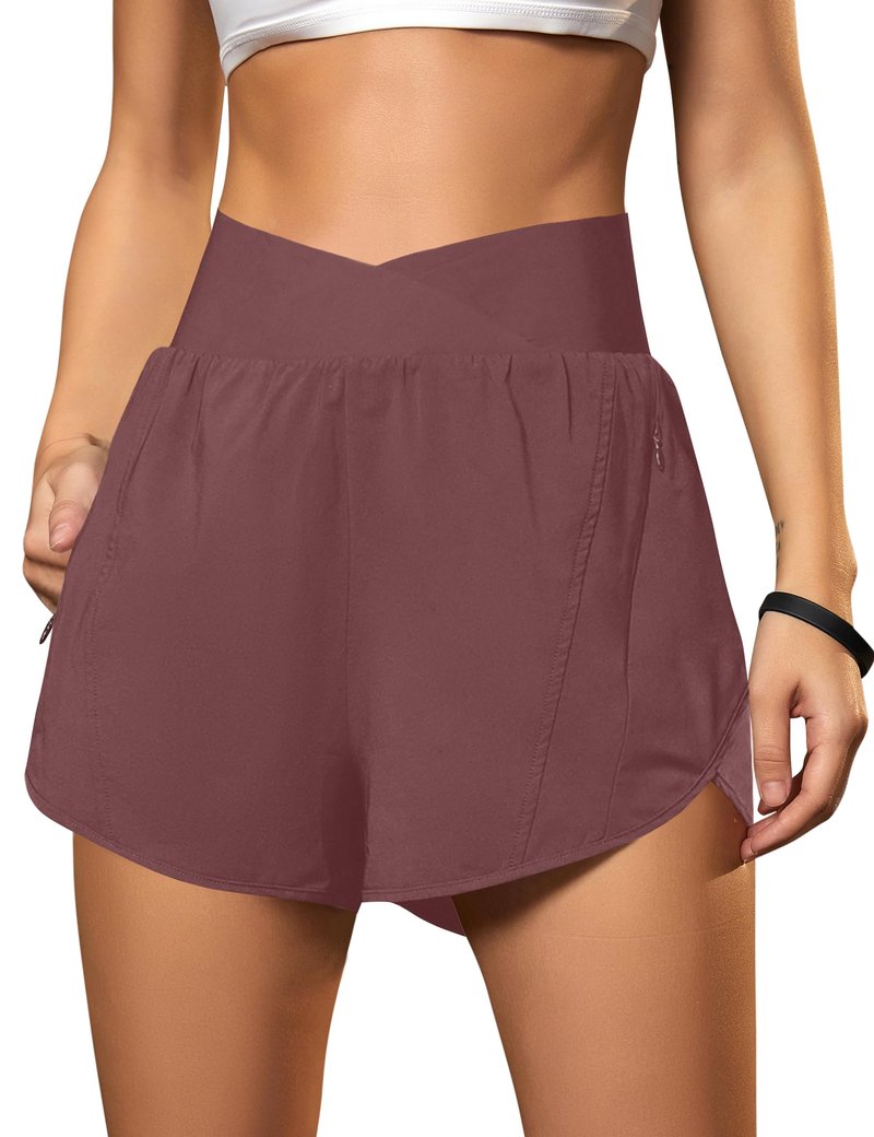 Blooming Jelly Women's Workout Shorts Athletic Running Casual Summer Quick Dry Gym Active Shorts with Zipper Pocket (Maroon,Large)