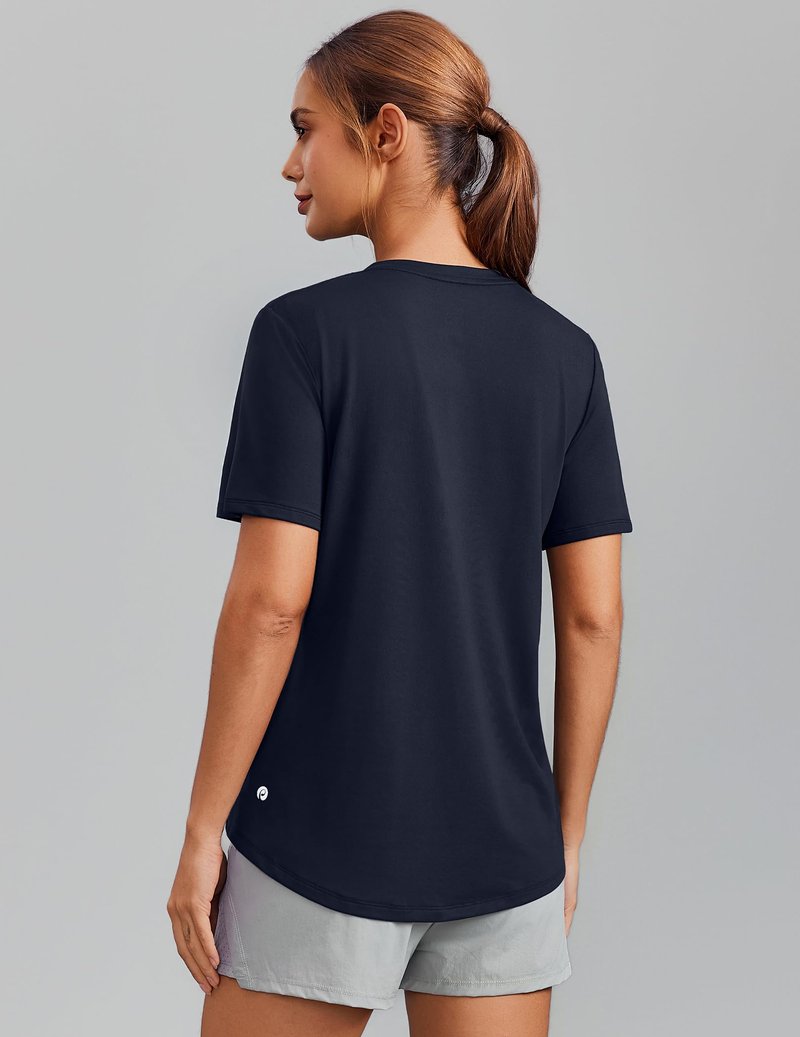 PINSPARK Athletic Tops for Women Short Sleeve V Neck Workout Shirts Moisture Wicking Quick Dry Running Gym T-Shirts Lightweight,Dark Navy Medium