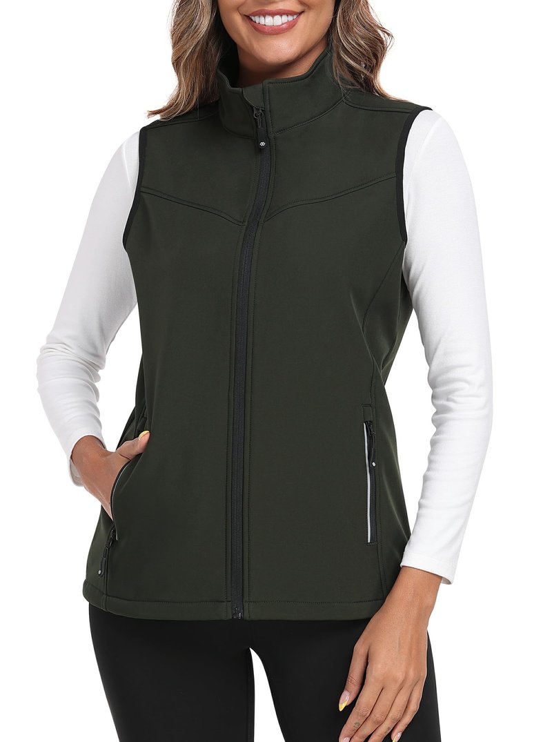 MoFiz Women's Lightweight Softshell Vest Windproof Fleece Lined Zip Up Sleeveless Insulated Jacket for Fall Winter Army Green M