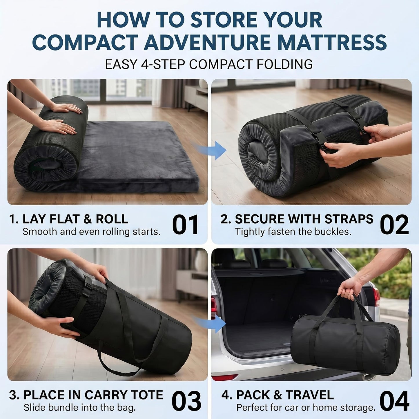 ORSEQFFG Camping Mattress Pad, 3 Inch Memory Foam Camping Mattress with Non-Slip Bottom & Washable Cover, Portable Roll Up Floor Camping Mat, Camping Sleeping Pad for Adults, Car Bed with Travel Bag
