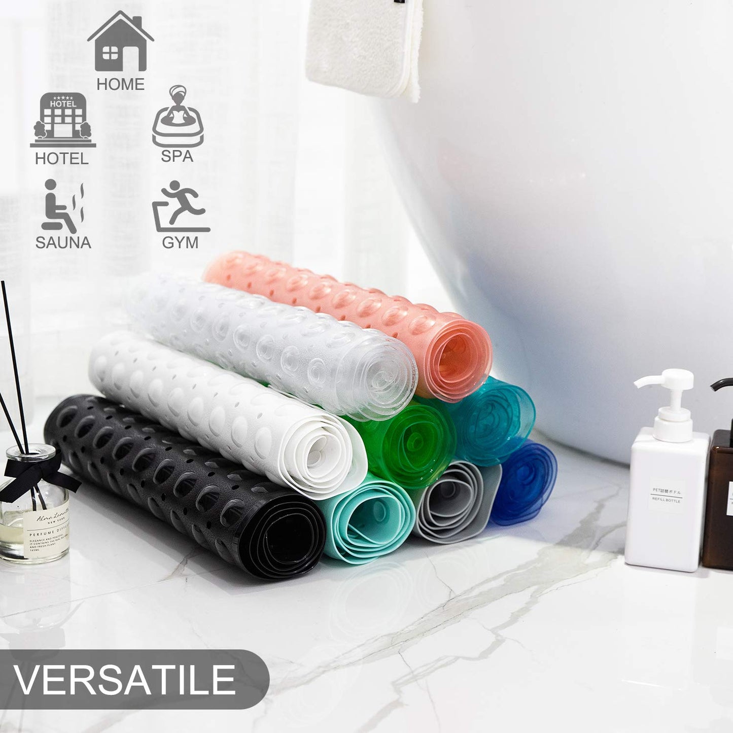 TEESHLY Bathtub Mats for Shower Tub, Extra Long Non-Slip 39 x 16 Inch Bath Mat with Drain Holes and Suction Cups, BathMat for Bathroom with Machine Washable (Clear Grey)