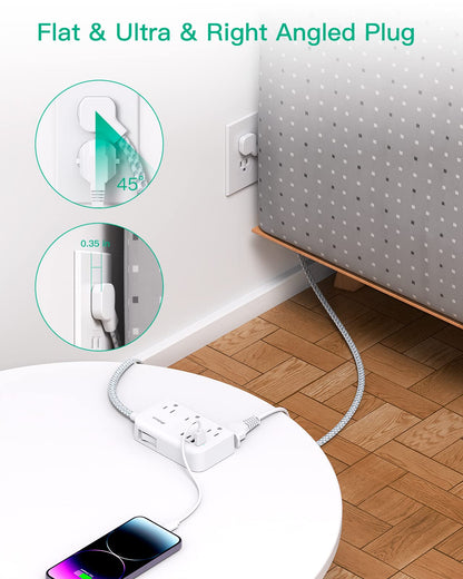 Power Strip Extension Cord - 6 Outlets and 4 USB (2 USB C), 5Ft Braided Cord with Ultra Thin Flat Plug, Wall Mount, Overload Protection, Compact for Travel, Cruise Ship, and Dorm Room Essentials