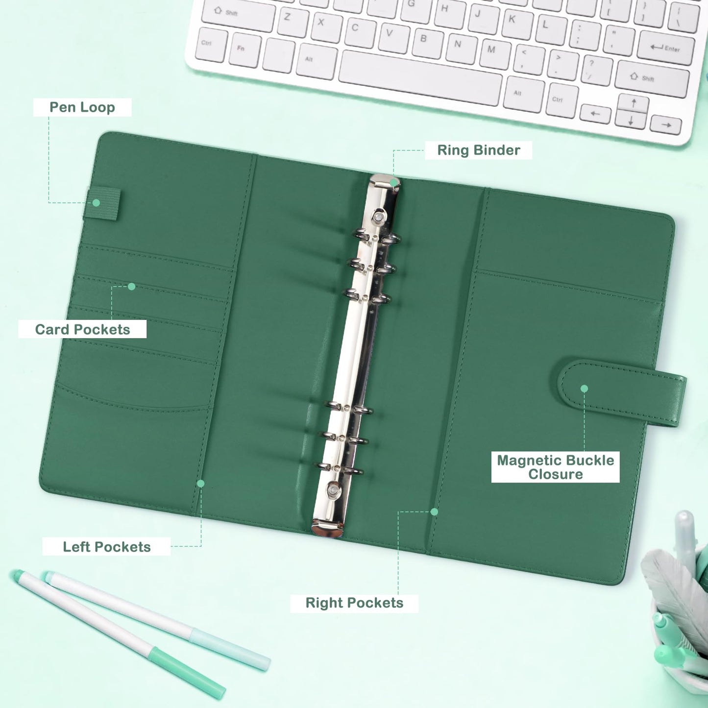 A5 Photocard Holder and Binder, PU Leather 6-Ring Album with Magnetic Closure, Includes 30 Pack 4-Pocket Pages for 240 Cards, Card Holder for Kpop, Trading, and ID Cards (Forest Green)